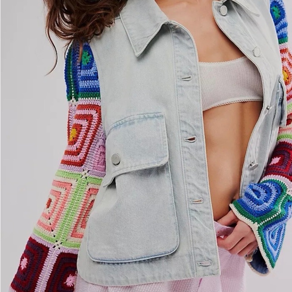 Free People Blank NYC Young Love Denim Jacket Crochet Sleeve Gray S